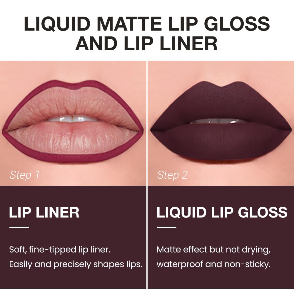 evpct Retractable 1Pcs Lip Liner Pencils and 1 Pcs Lip Gloss Makeup Set for Shaping & Sculpting Lips, Plum Long-Lasting Waterproof Longwear Matte Rich Lip Colors Liner Crayon Liquid Lipstick 11#