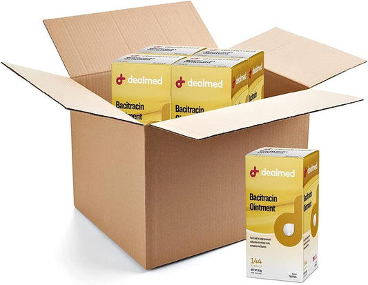 Dealmed Bacitracin Ointment – Made in The USA, First Aid Antibiotic Pain Relieving Ointment for Minor Cuts, Scrapes, and Burns, 144 Packets/Box (.5g) - Case of 12