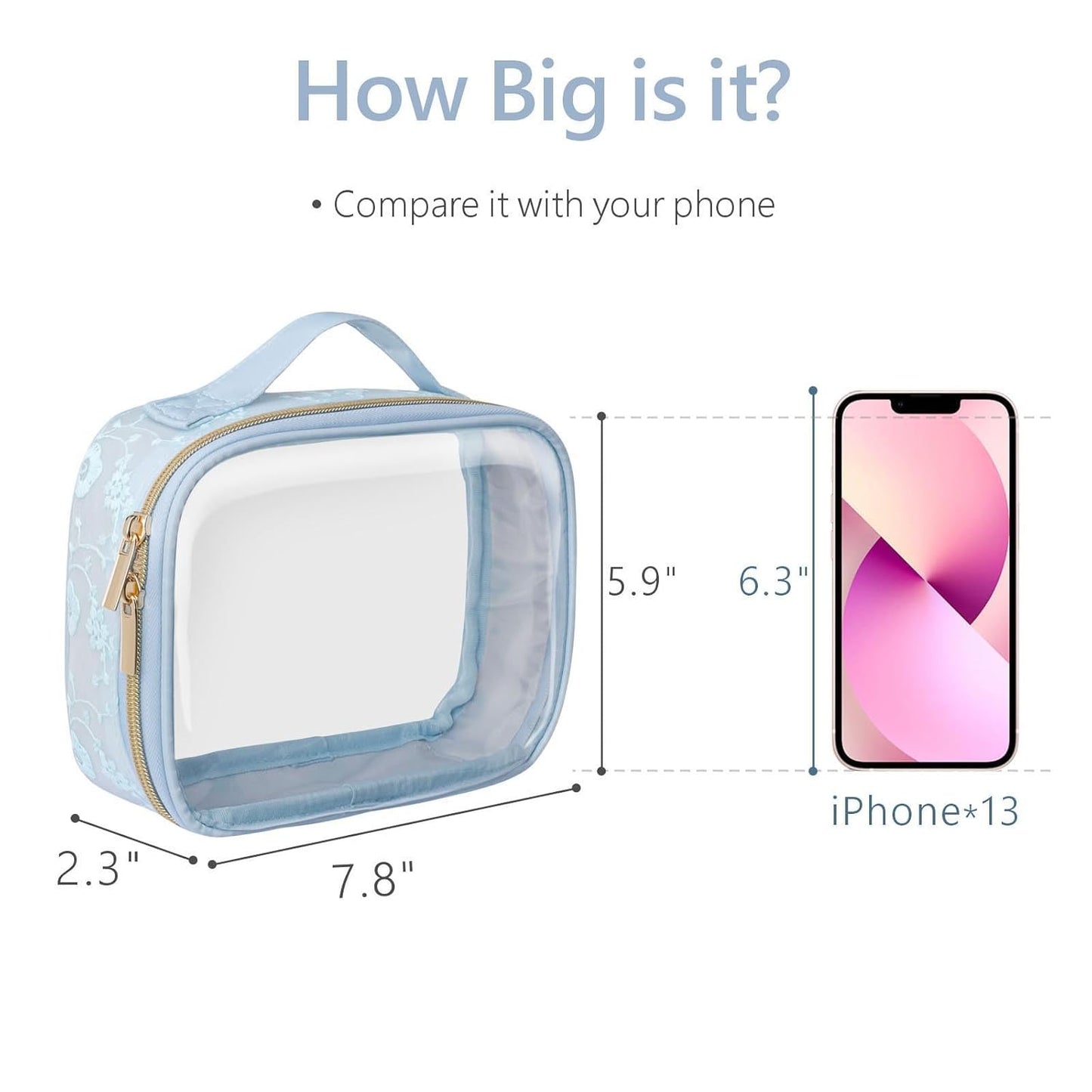 PACKISM TSA Approved Toiletry Bag - Floral Texture Lace Clear Makeup Bags, Ease of Clamshell Closing, Handles and Double Zippers, 0.5 mm Thicker Clear Toiletry Bags, Good for Travel, Blue