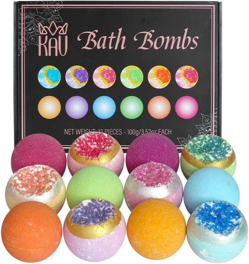 KAV Bath Bombs for Women — Natural Geode Bathbombs for Girls, Tweens | Set of 12 Organic Bath Bomb Giftset with Various Scents and Colors, Moisturizing Spa Fizzies — Essential Oil Infused Gift-Ready