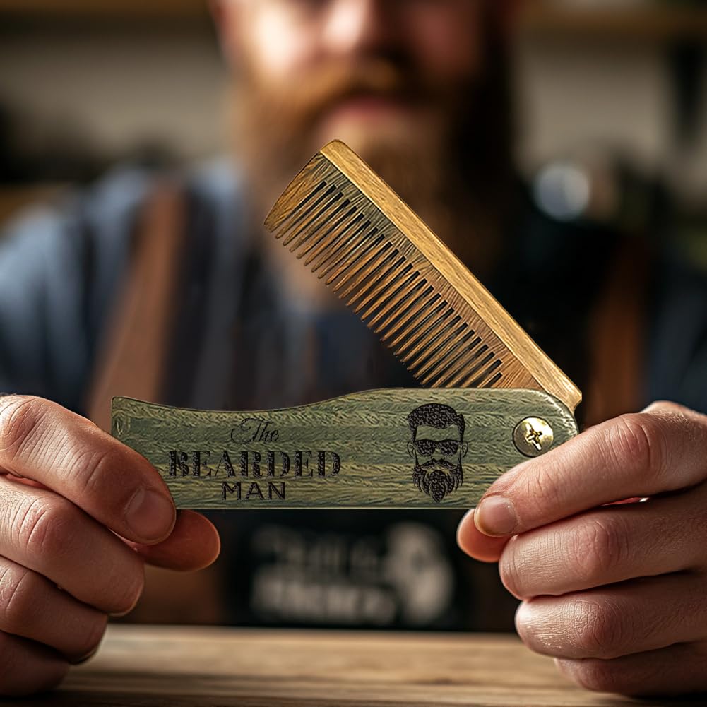 CHGCRAFT The Beard Man Folding Wooden Comb Foldable Beard Combs Carved Wooden Comb Fine Tooth Hair Combs with Imitation Leather Carrying Pouch for Men Grooming Mustaches Head Hair Husband Gift