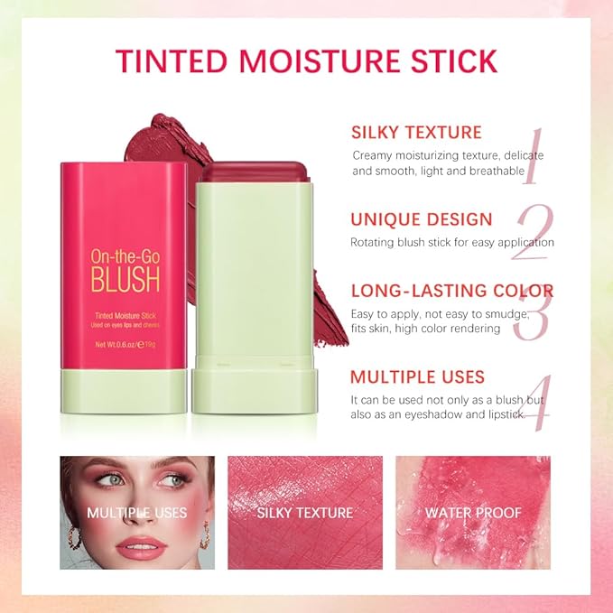 Multi-Use Cream Blush Stick,2-in-1 On-the-Go Blush for Cheek and Lip Tint,Waterproof Hydrating Tinted Solid Moisturizer Blendable Natural Grow Nude Face Blush Makeup,01 shy pink