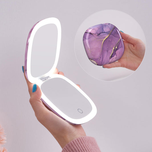Mocado Compact LED Travel Makeup Mirror - 4 Inches 1X/10X Magnification Travel Mirror with Light Dimmable Double Sides Lighted USB Rechargeable Compact Mirror for Purse,Pocket,Travel(Purple Marble)