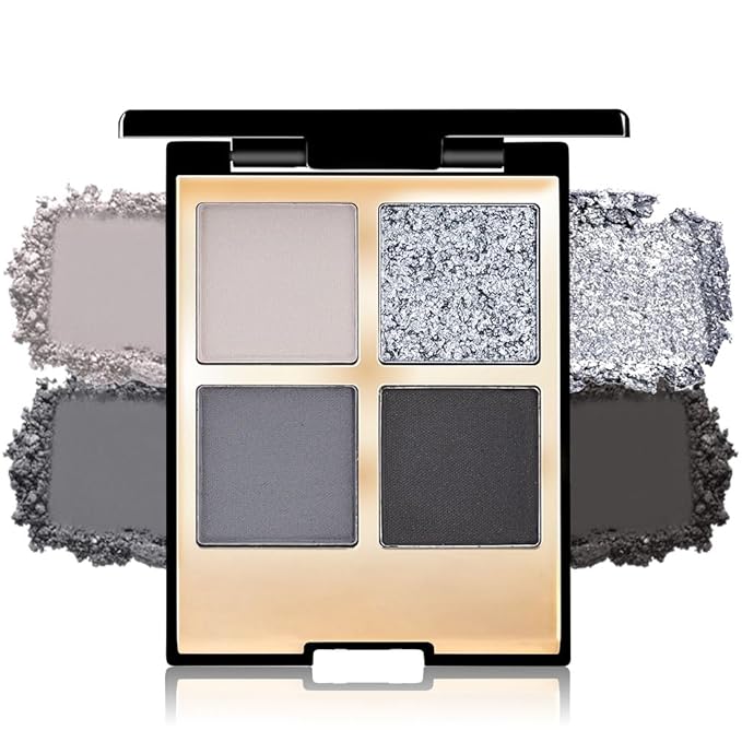 4 Colors Eyeshadow Makeup Palette,Black Gray Highly Pigmented Natural Neutral Nude Smoke Eye Shadow Palette with Mirror,Long Lasting Naturing-Looking,Waterproof,Blendable,Travel Size