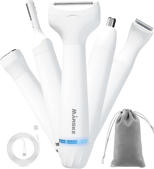 5 in 1 Facial Hair Removal and Bikini Hair Trimmer for Women, Nose Eyebrow pubic Hair Trimmer,Replaceable Electric Razors, Waterproof Electric Shaver Easy Cleaning, Women's Grooming Kit