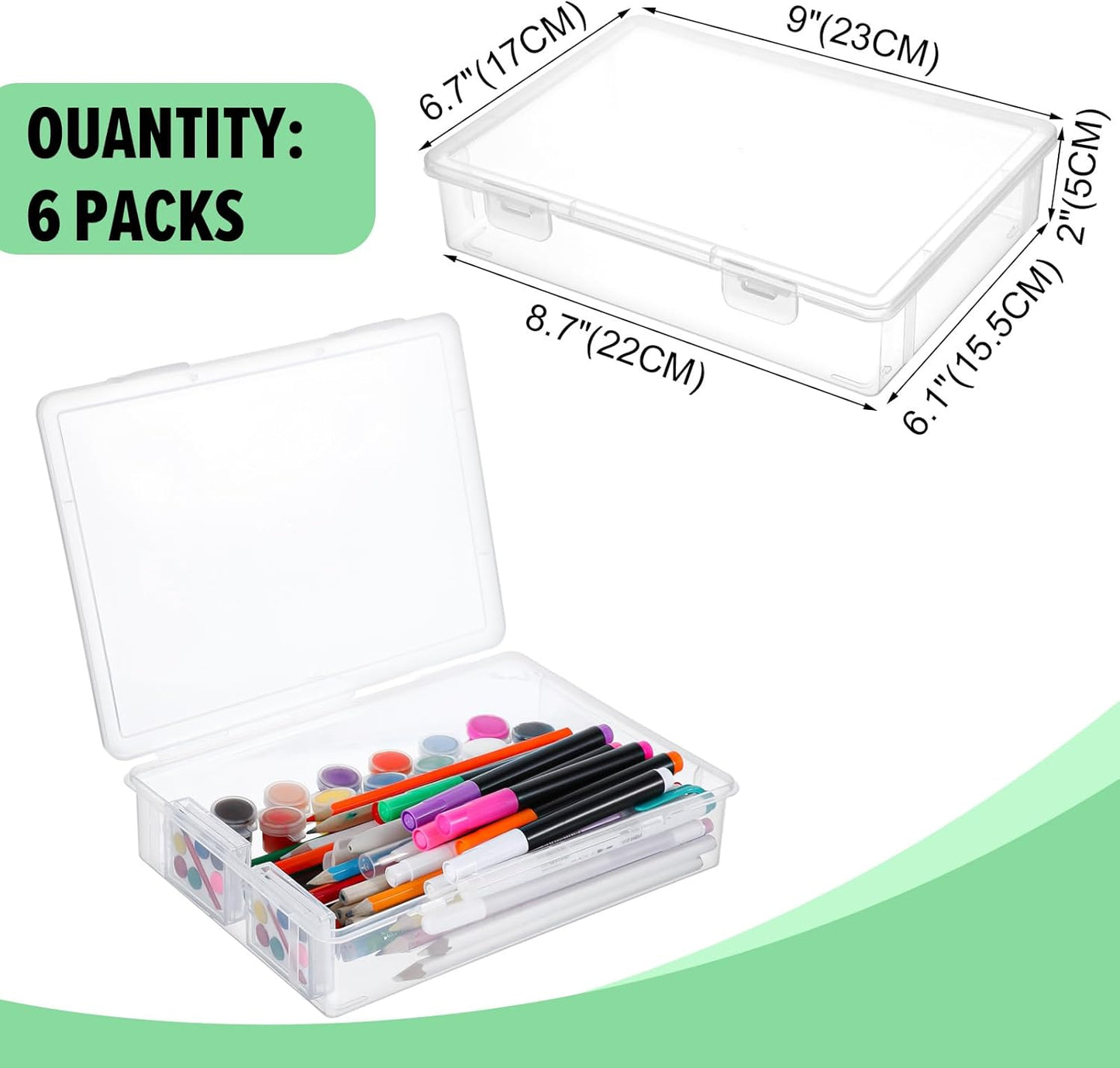 6 Pcs 7'' x 9'' x 2'' Plastic Storage Box with Lid Multipurpose Craft Organizers Plastic Containers Clear Pencil Case Art Satchel Storage Case for Beads Ornaments Crafts Accessories