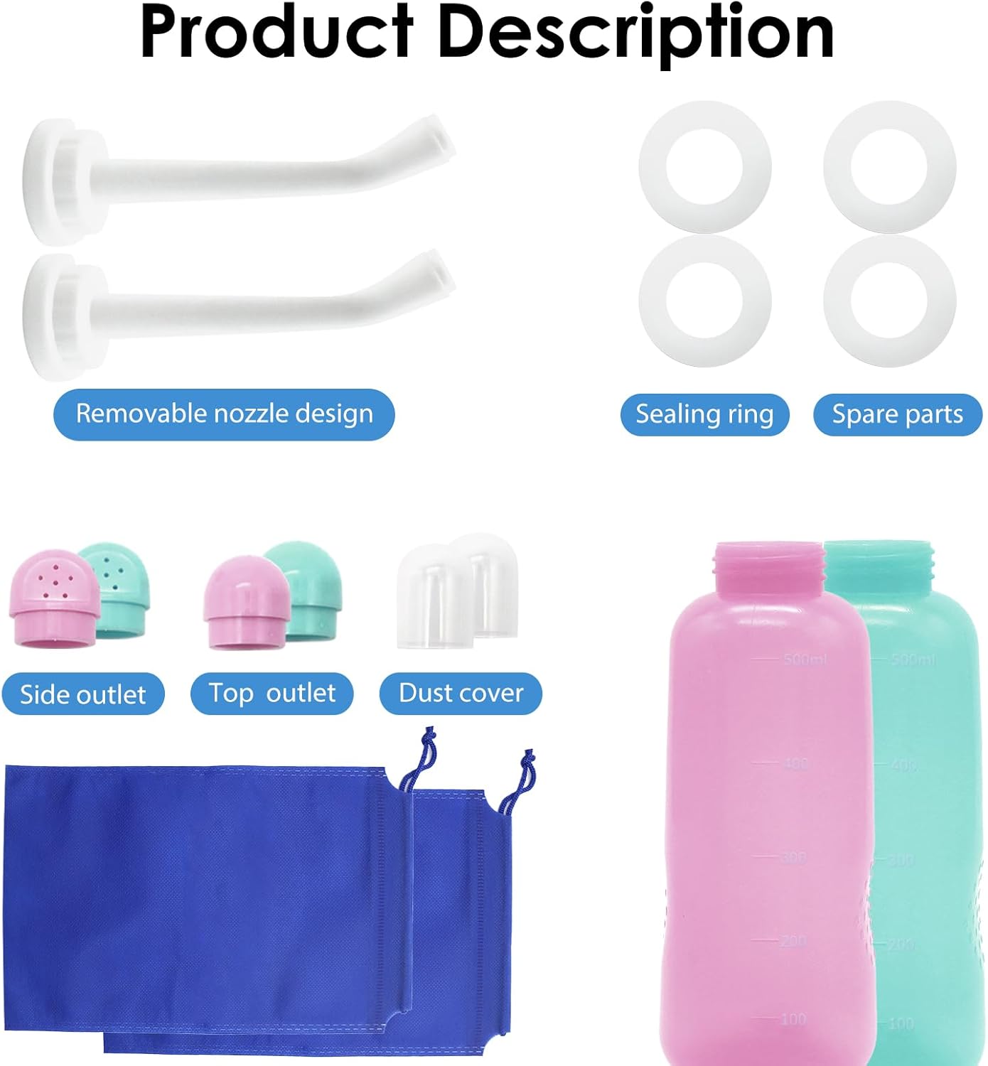 RUFCRIL Peri Bottle, Portable Travel Bidet with Carry Bag, TPE Material Can Be Boiled, 500ml Capacity with 2 Sealing Ring,Essentials for Postpartum Perineal Care, New Baby (Pack of 2)