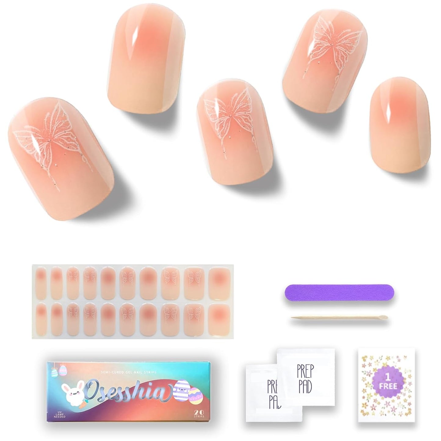 Semi Cured Gel Nail Strips, 20 pcs Nail Wraps, Glaze Stickers, Salon Quality French Manicure, Full Decal Gel Polish Strips, Long Lasting SCG, Easy on, UV Required (Butterfly Fairy)