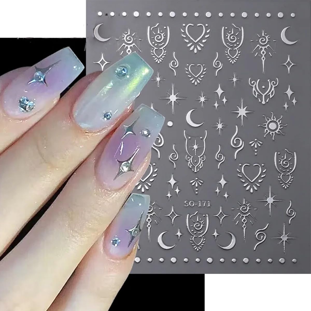Moon Star Nail Stickers- 8Sheets Metallic Nail Art Stickers 3D Self-Adhesive Shiny Laser Stars Nail Supplies Gold Silver Nail Designs Stickers Sun Stars Moon Nail Decals for Women DIY Nail Decorations