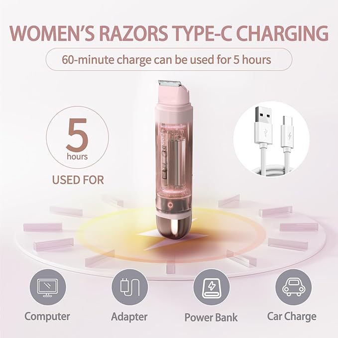 Bikini Shaver Trimmer for Women, Ladies Electric Hair Removal Kit USB Rechargeable Waterproof Facial and Body Epilator Pink