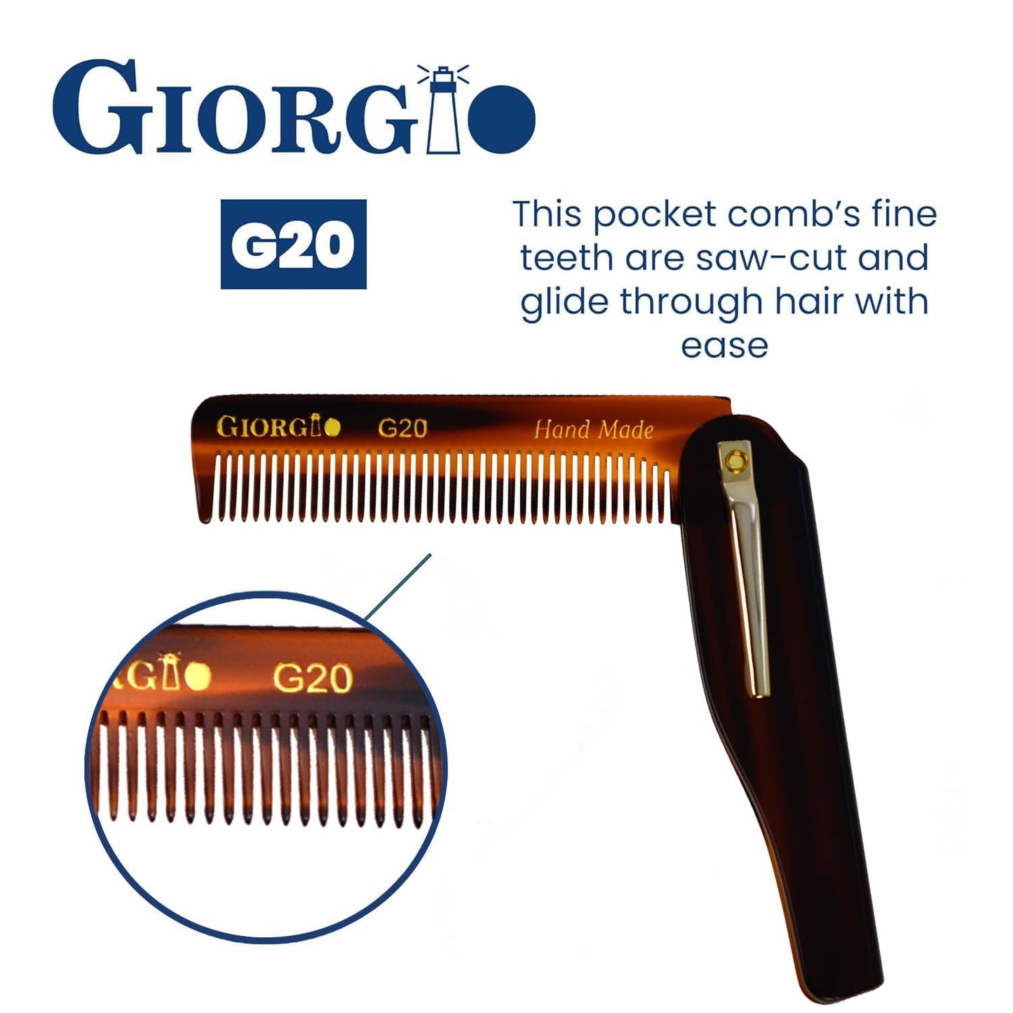 Giorgio G20 Folding Mustache and Beard Comb 6.5 Inch - Fine Tooth Travel Comb for Everyday Styling and Hair Care - Handcrafted Sawcut and Hand Polished (TortoiseShell)