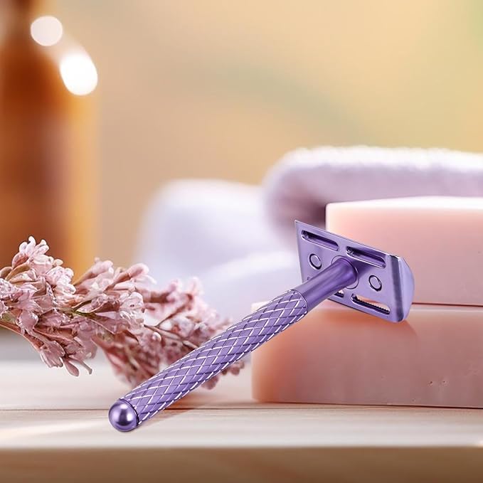 Double Edge Safety Razor for Women Purple with 10 Blades and Silicone Cover - Durable Metal Eco-Friendly Single Blade Razor - Closed Smooth Shave