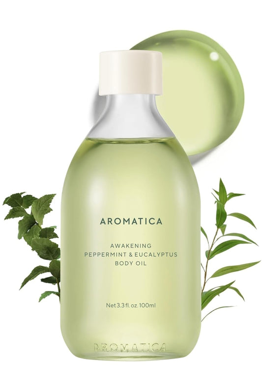 AROMATICA Awakening Body Oil Peppermint & Eucalyptus Aromatherapy Oils, Scented Body Oil, After Shower Natural Oil for Women, Non-Greasy Body Serum, Body Moisturizer for Dry Skin 3.38 fl. oz