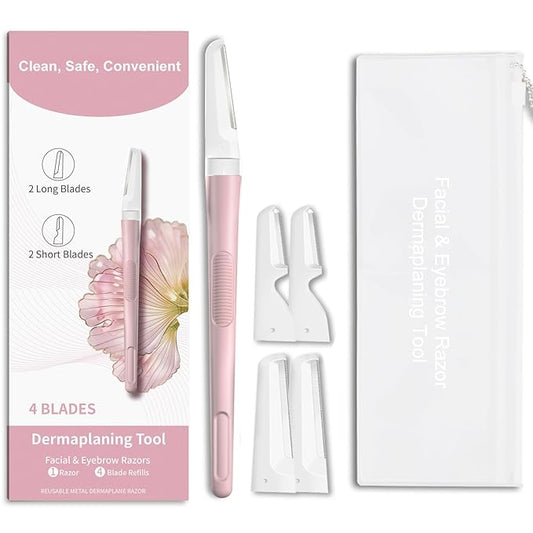 Face Razors for Women, Dermaplane Razor for Women Face, Eyebrow Razor, Facial Razors, Dermaplaning Tool, Reusable Metal Handle with 4 Microblades for Sensitive Skin, Peach Fuzz Remover, Pink