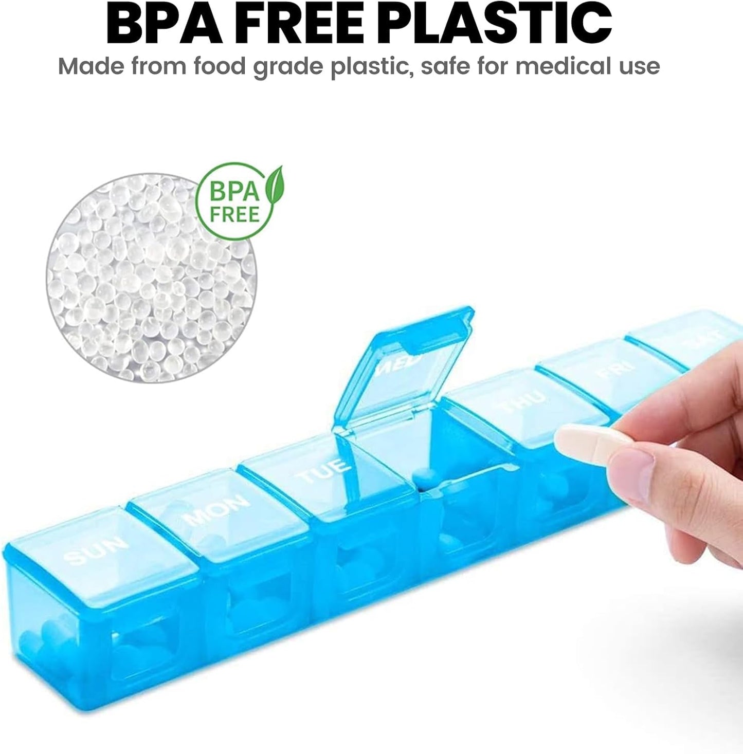 Sukuos Extra Large Weekly Pill Organizer, 7 Day Daily Pill Box Case Arthritis Friendly, Silkscreen Printed Medicine Container with Clear Lid for Vitamins, Fish Oils or Supplements (Blue)