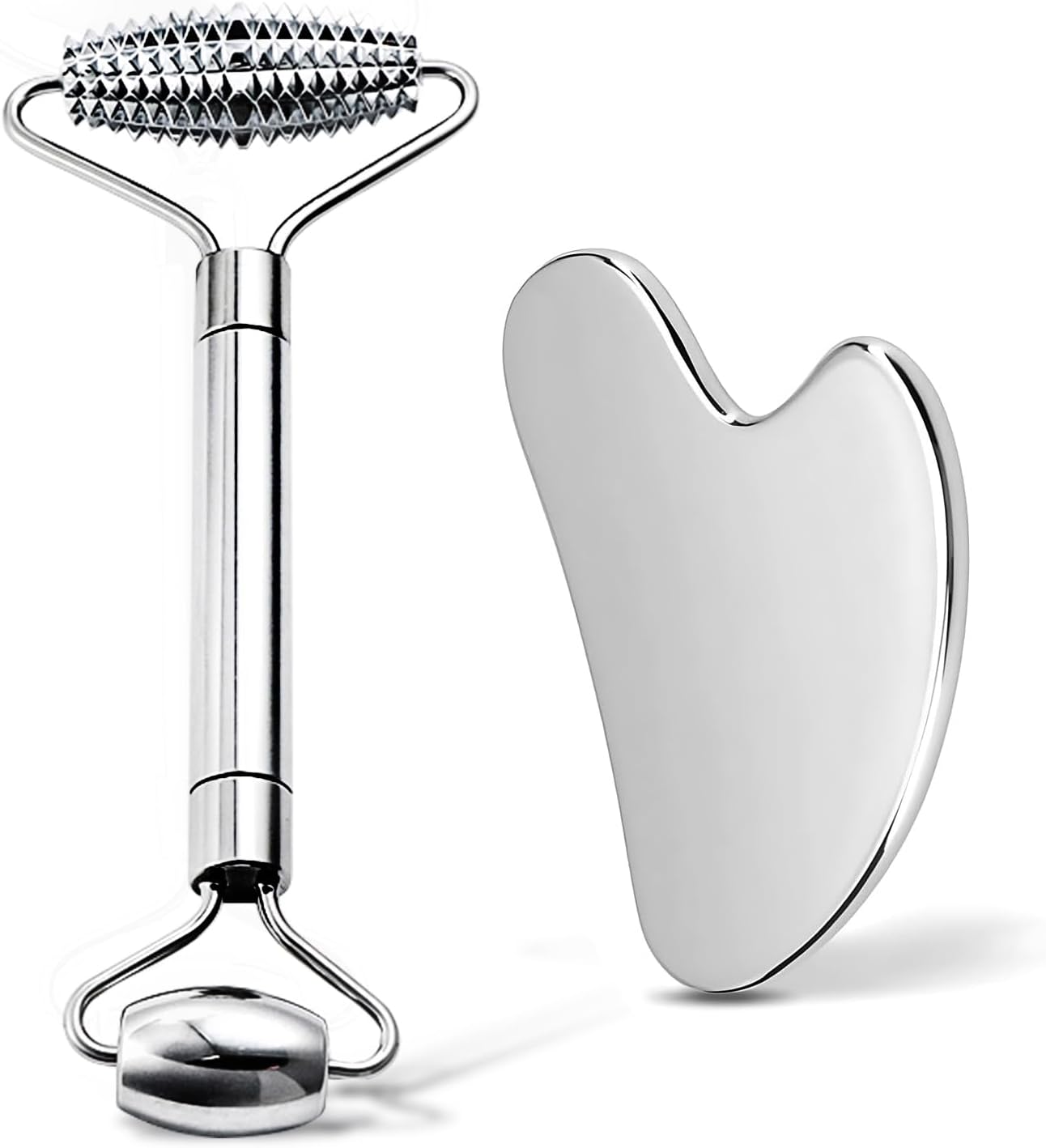 Gua Sha Facial Tools and Face Roller Set, Lymphatic Drainage Massager，Stainless Steel Facial Sculpting Eyes Roller Guasha for Face, Chin & Jawline Sculpting,Skin Care
