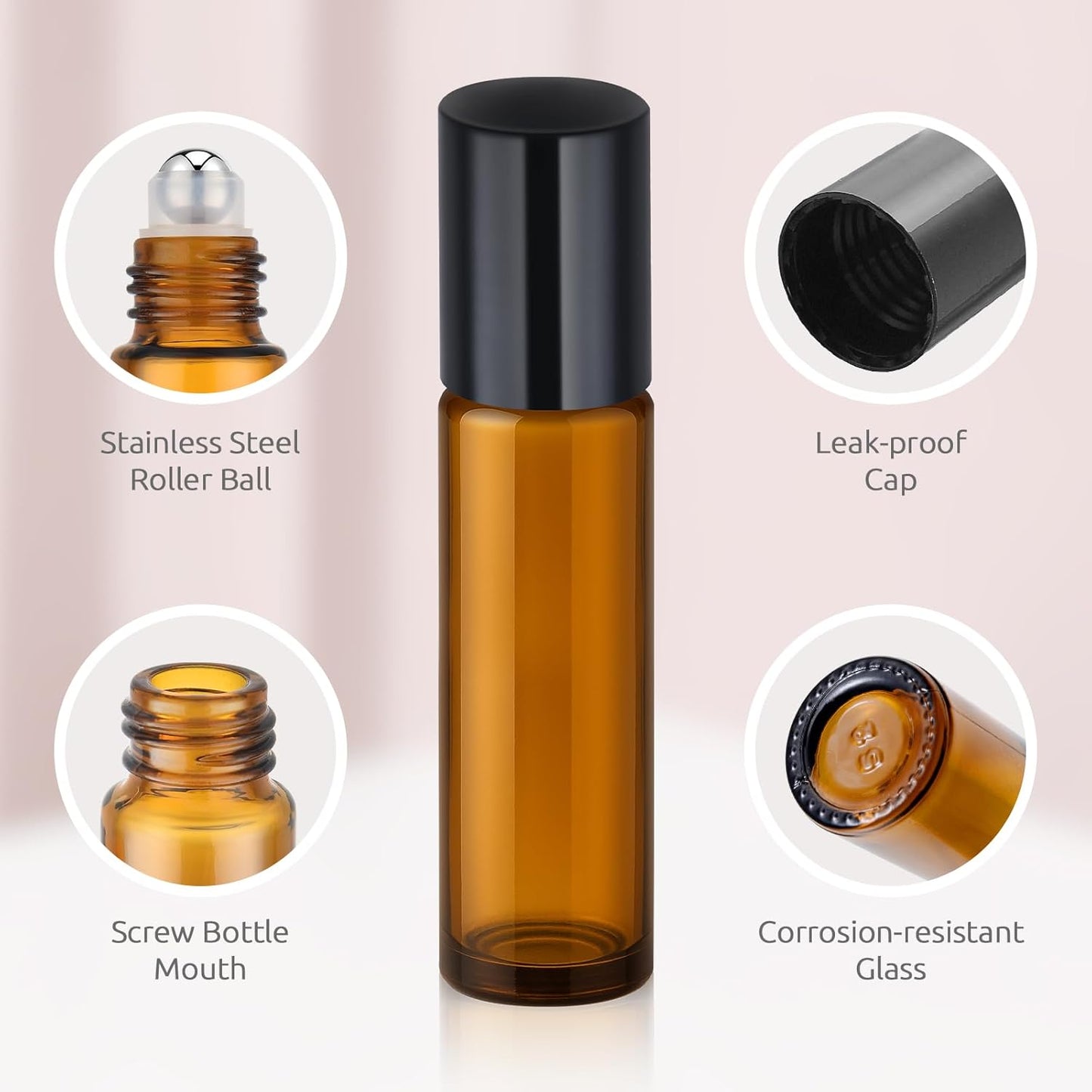 10ml Roller Bottles for Essential Oils(4-Pack), Leak-Proof Amber Glass Roller Ball Applicator, Opener, Droppers, Funnel & Labels, Roll on Bottles for Perfume & DIY Skincare