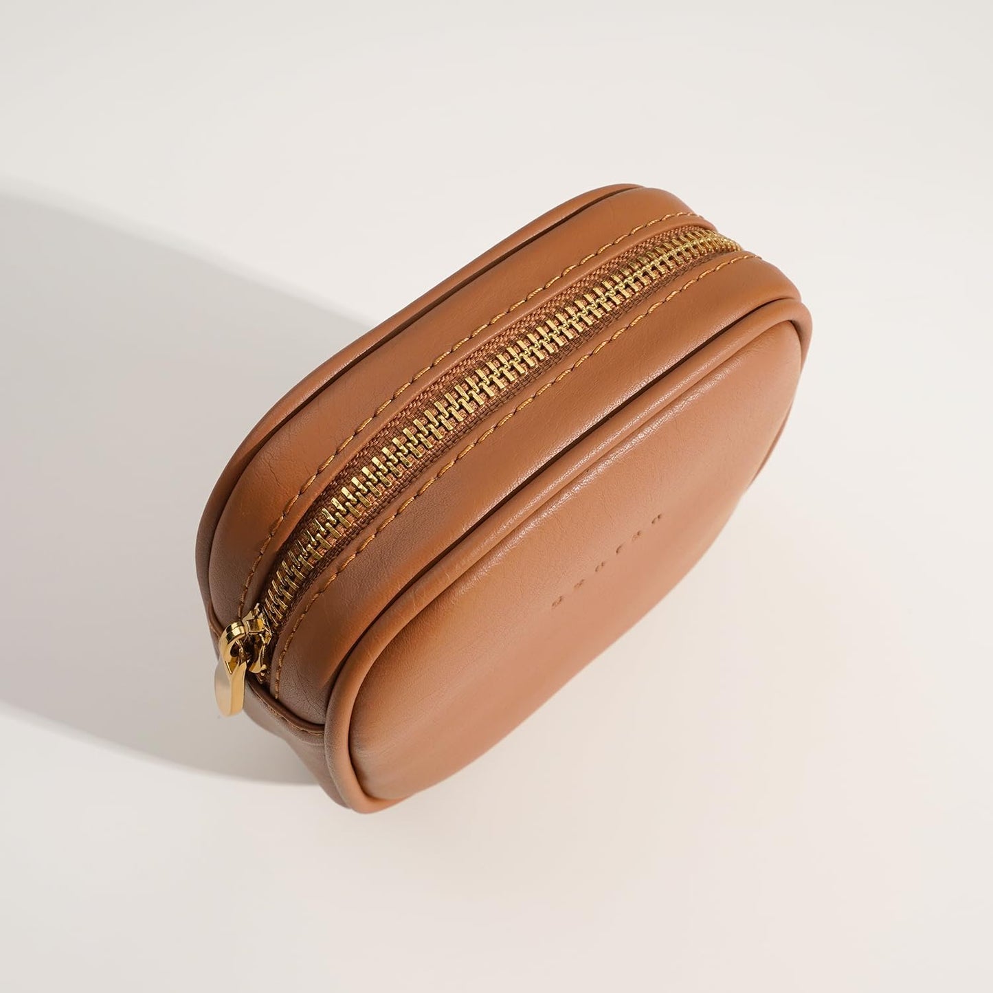 Leather Cosmetic Bag for Women Small Zipper Makeup Bag for Purse Waterproof Travel Makeup Organizer Charger Storage Pouch Color Brown