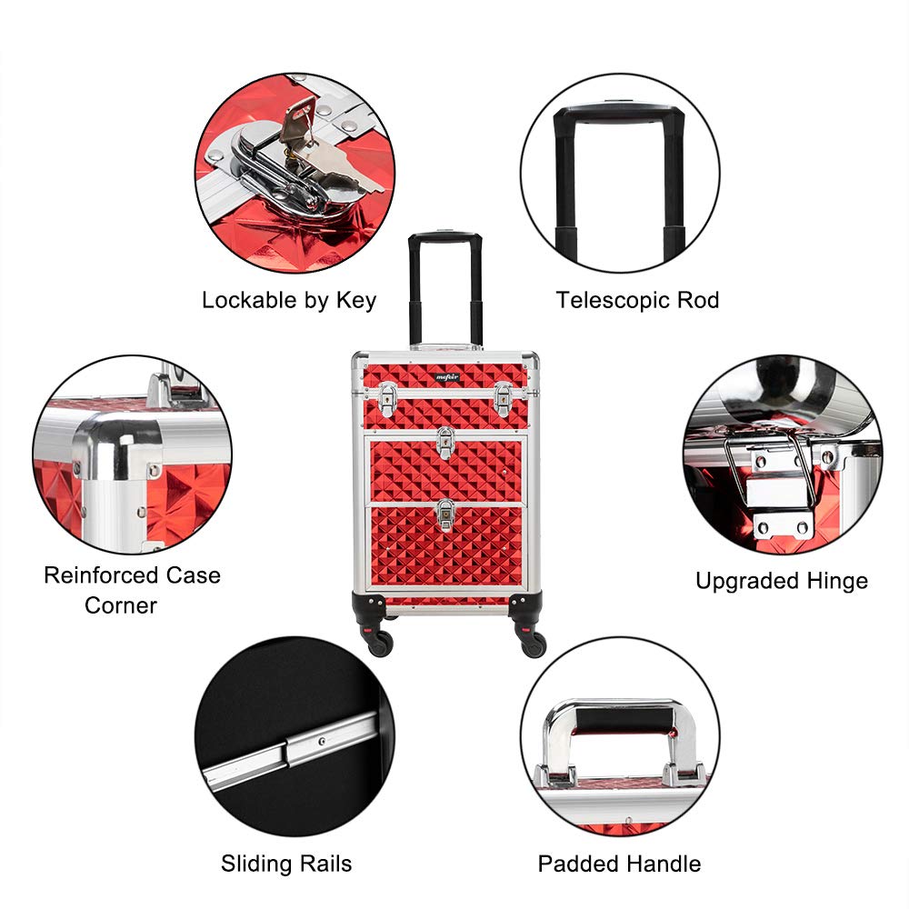 mefeir Aluminum Rolling Makeup Train Case, Portable Makeup Organizer Suitcase, Cosmetic Storage Box, Travel Beauty Luggage Trolley Lockable w/4 Removable Wheels & 2 Sliding Drawers (Red)