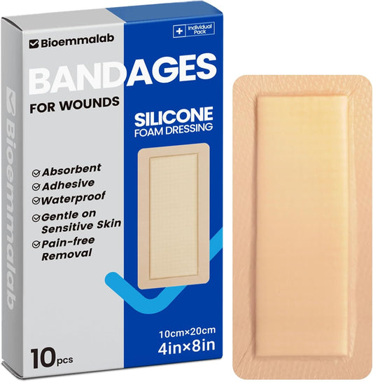 Large Waterproof Bandages 4x8 Silicone Foam Dressing for Sensitive Skin Wound Care, Adhesive Cohesive Pad with Border for First Aid, Post Surgical and Burn, Pressure, Scar Healing (10 PCS)