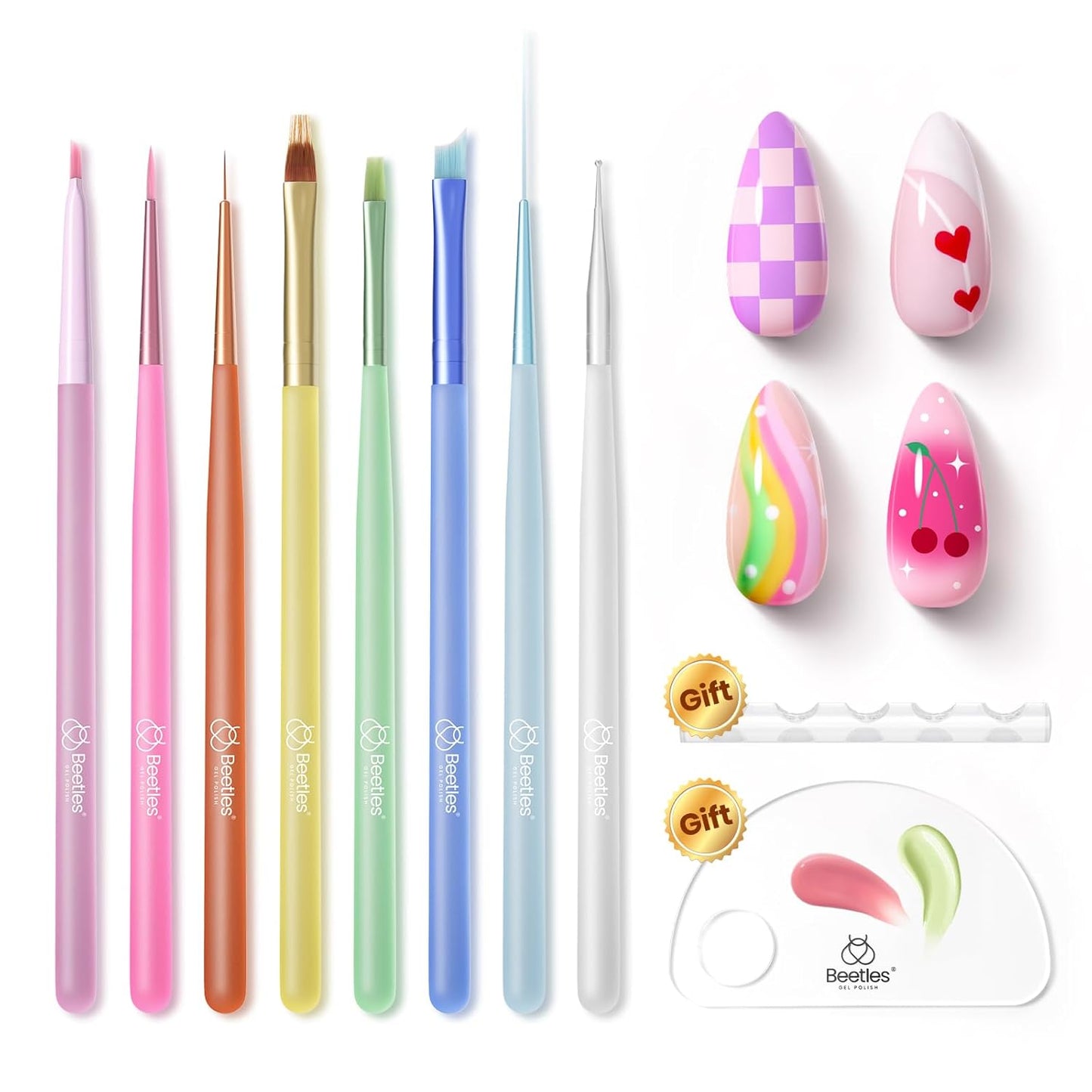 Beetles Nail Art Brushes Set for Gel Polish 8 Pcs - Nail Art Design Pen Fingernail Painting Dotting Tool, Liner Gradient Clean Up Brush DIY with Palette Rainbow Pastel Pen Set Manicure Kit