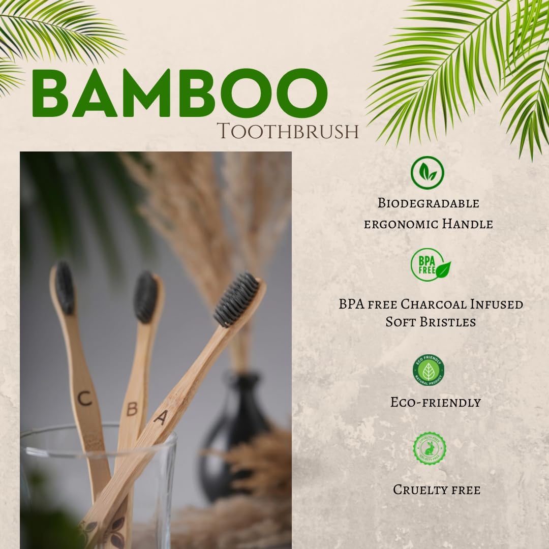 Bamboo Toothbrush 10 Pack, Soft Charcoal-Infused Bristles, Biodegradable, BPA-Free, Eco-Friendly, Sustainable, Natural, Organic and Pure Wooden Toothbrush by Kaili Wellness and More