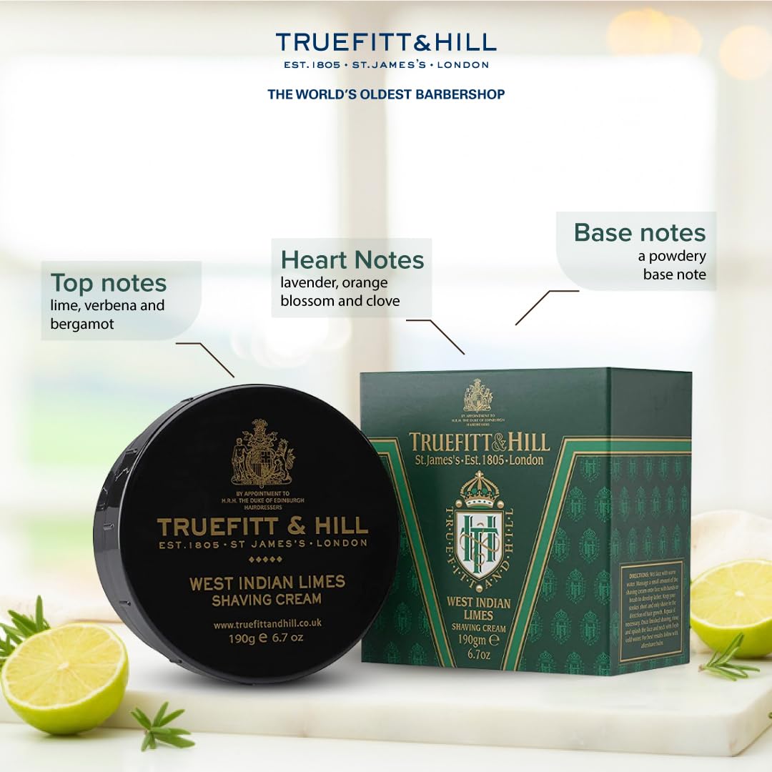 Truefitt & Hill Shaving Cream Bowl - West Indian Limes - Premium Glycerin-Based Lather, Smooth Glide, and Hydration for a Luxurious Shave - 6.7 oz