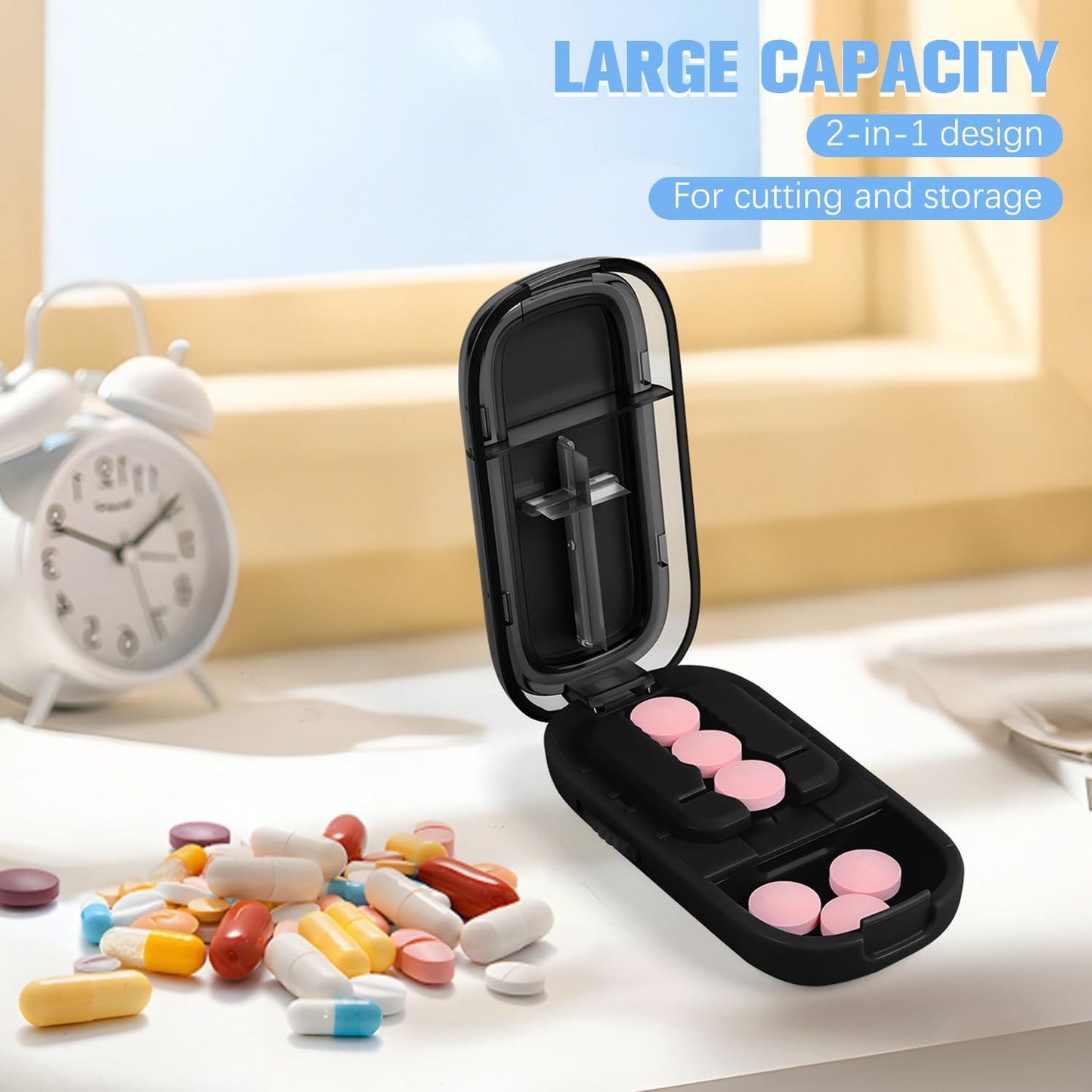 Pill Cutter Splitter for Small and Tiny Pills, Larger Pills, Echu Pill Cutter, Adjustable 1/2 1/4 Splitter with Improved Sharp Blade, Accurate Centering Alignment Device (Black)