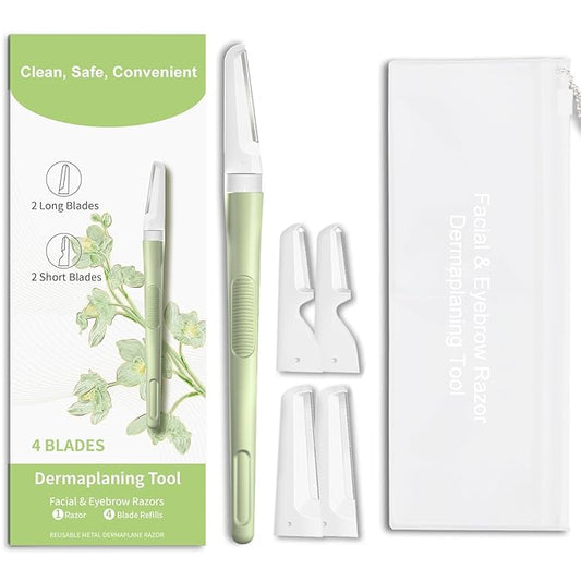 Face Razors for Women, Dermaplane Razor for Women Face, Eyebrow Razor, Facial Razors, Dermaplaning Tool, Reusable Metal Handle with 4 Microblades for Sensitive Skin, Peach Fuzz Remover, Green