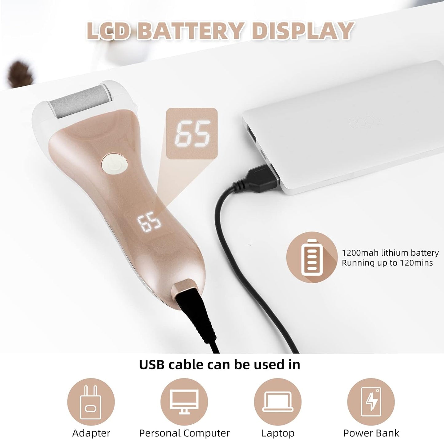 Callus Remover for Feet, Nicebirdie Electric Foot File Callus Removers Rechargeable Waterproof Pedicure Tools Foot Scrubber Shaver Feet Care Tool for Cracked Heels Dead Skin （Golden）