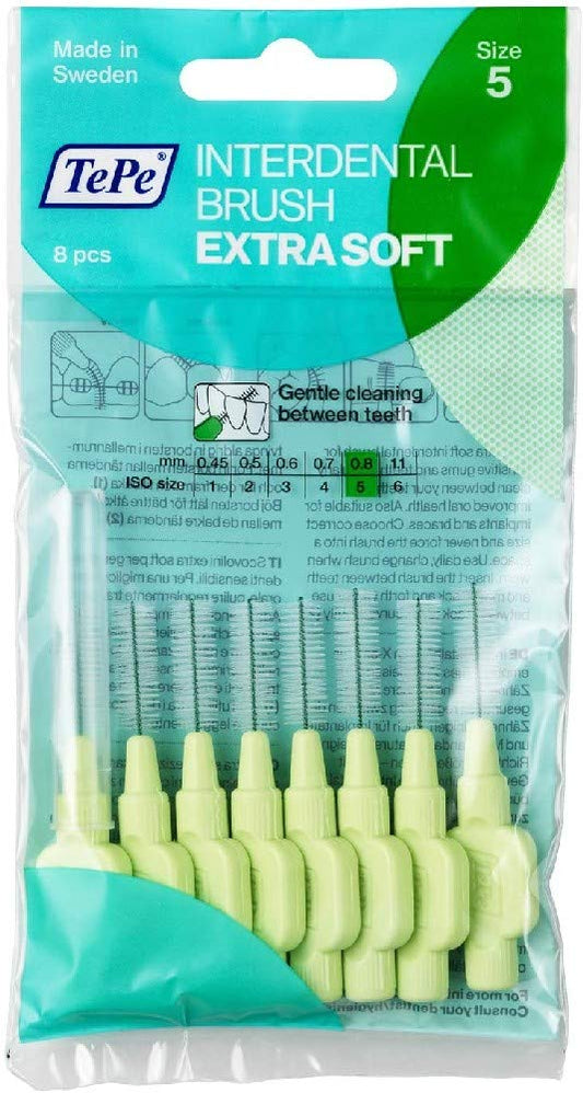 TePe Interdental Brush Extra Soft, Supersoft Dental Brush for Teeth Cleaning, Pack of 8, 0.8 mm, Large Gaps, Green, Size 5