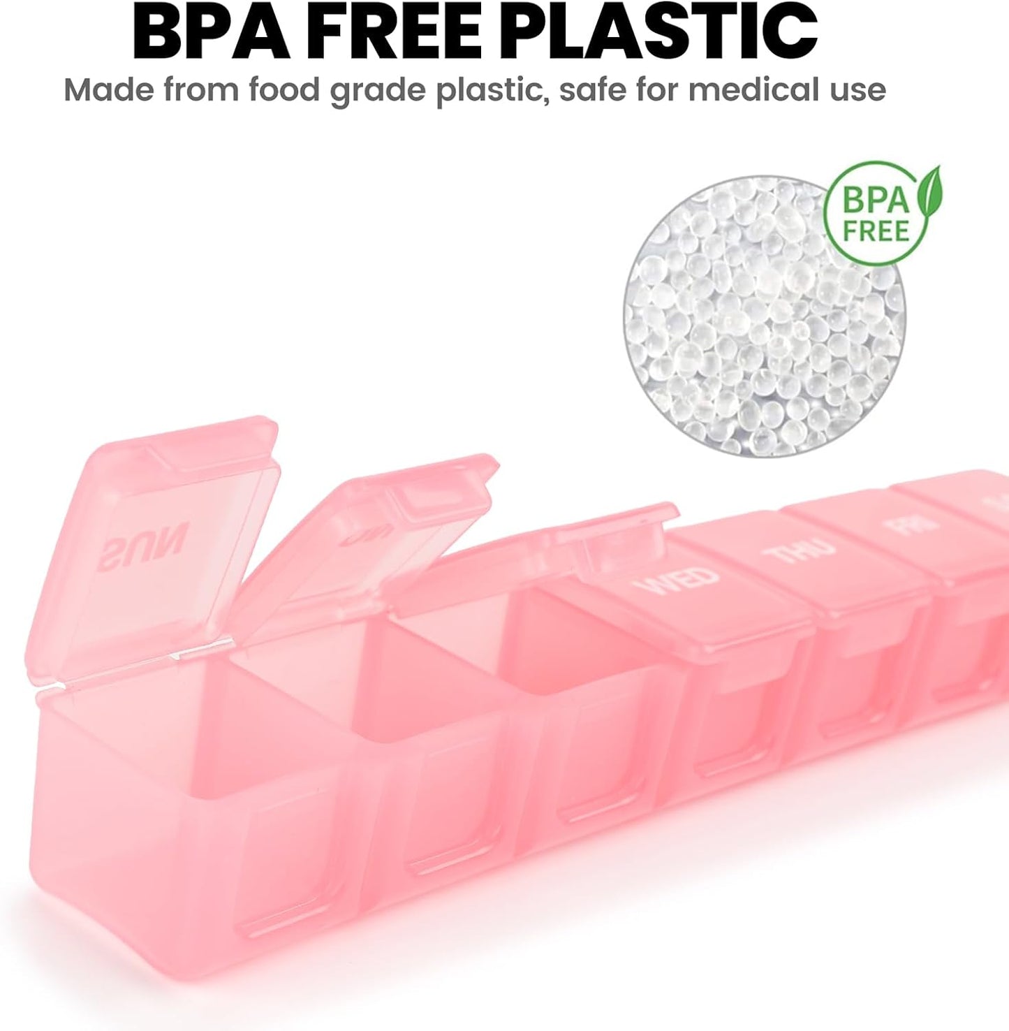 Sukuos Extra Large Daily Pill Organizer 7 Day, Easy to Open Weekly Pill Box Case, Portable Medicine Case Vitamin Holder with Clear Lid for Fish Oils or Supplements (Light Pink)