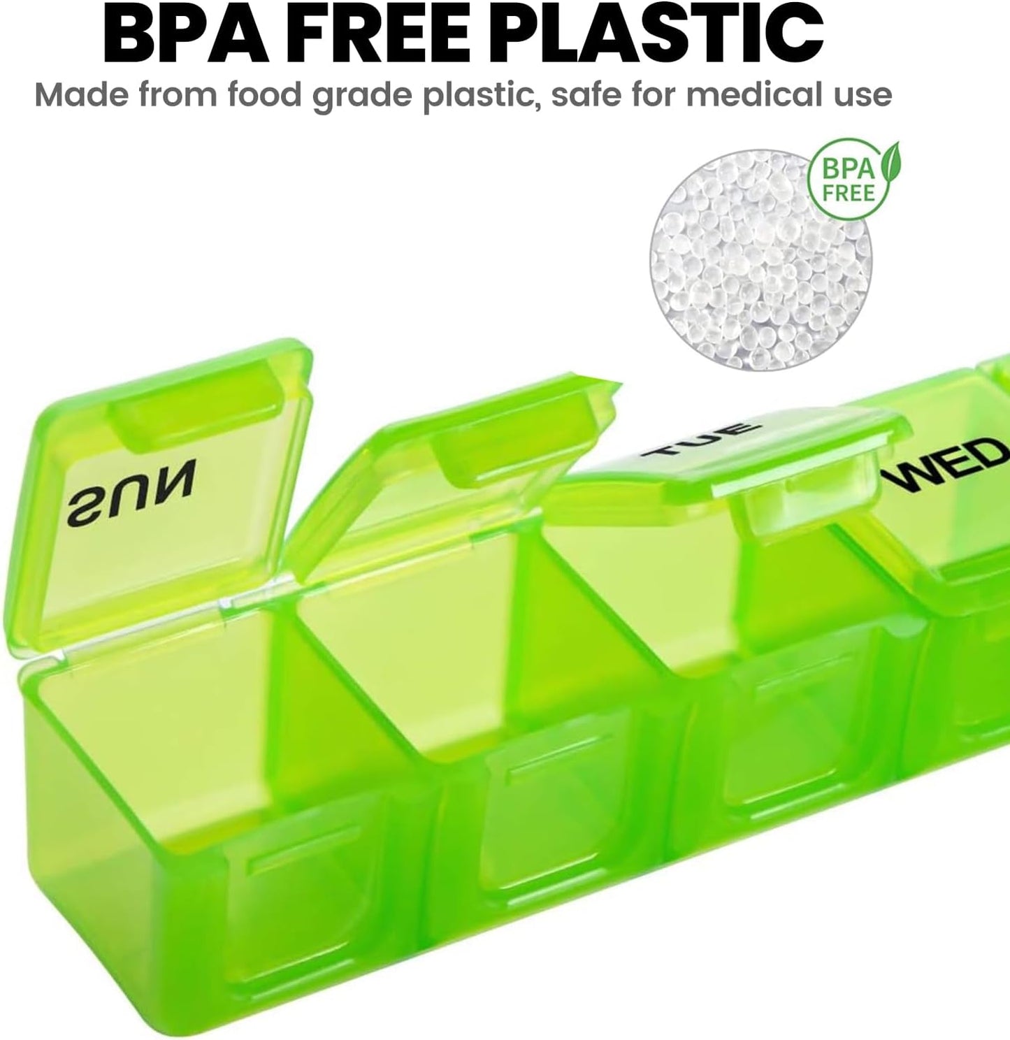 Sukuos Extra Large 7 Day Pill Organizer Easy to Open, Weekly Pill Box Daily Medicine Case with Clear Lid, Silkscreen Printed Vitamin Holder for Fish Oils or Supplements (Green)