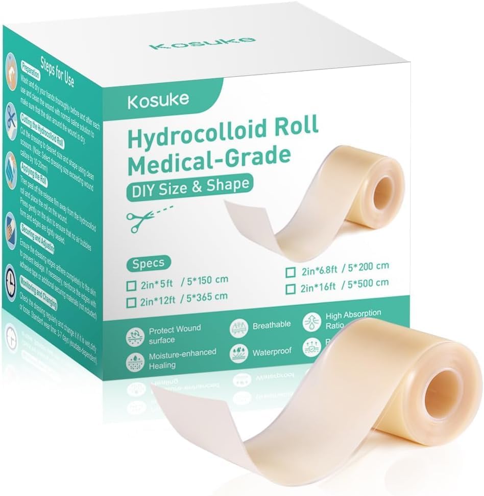 Hydrocolloid Roll for Wound Care, Large Hydrocolloid Bandages Patch with Self-Adhesive Waterproof Ultra Absorbent Flexible DIY Size & Shape First Aid Kit Essential (2in*5ft)