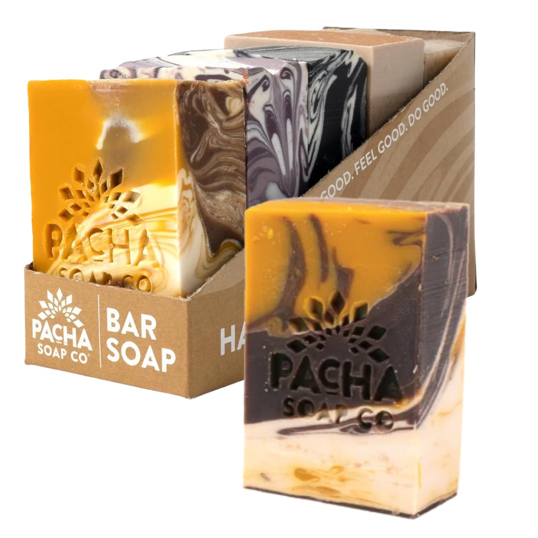 Pacha Soap Co. Bar Soap, Fan Favorites, 5-Pack (4 oz ea) - Almond Goat’s Milk, Dirty Hippie, Charcoal, French Lavender, & Golden Chai - Premium, Handcrafted, Hydrating, Soothing Essential Oils