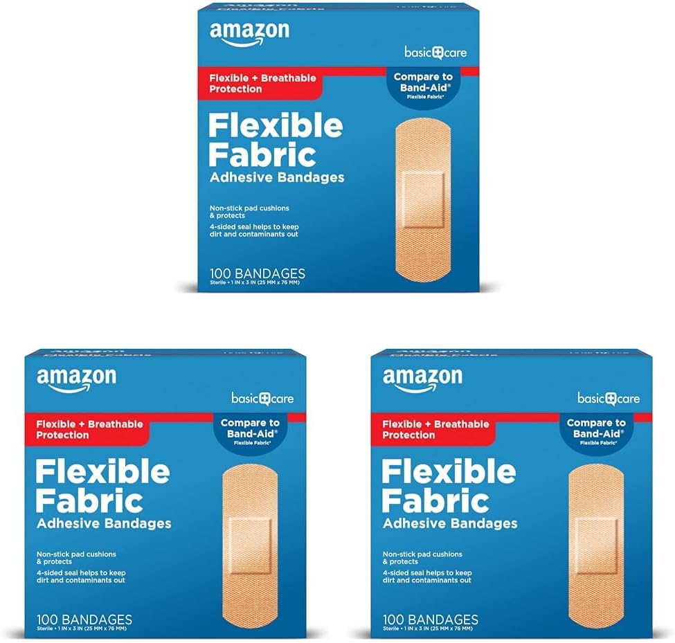 Amazon Basic Care Flexible Fabric Adhesive Bandages, First Aid and Wound Care Supplies, All-One Size, 100 Count (Pack of 3)