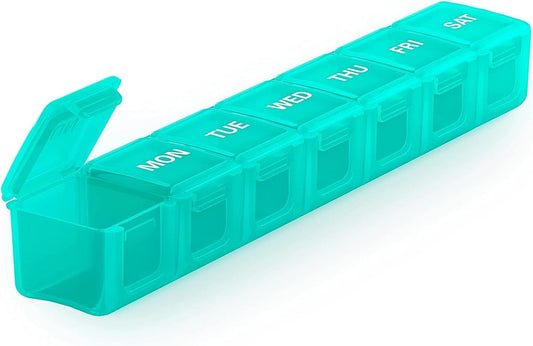 Sukuos Extra Large Weekly Pill Organizer, 7 Day Daily Pill Box Case Arthritis Friendly, Silkscreen Printed Medicine Container with Clear Lid for Vitamins, Fish Oils or Supplements (Cyan)
