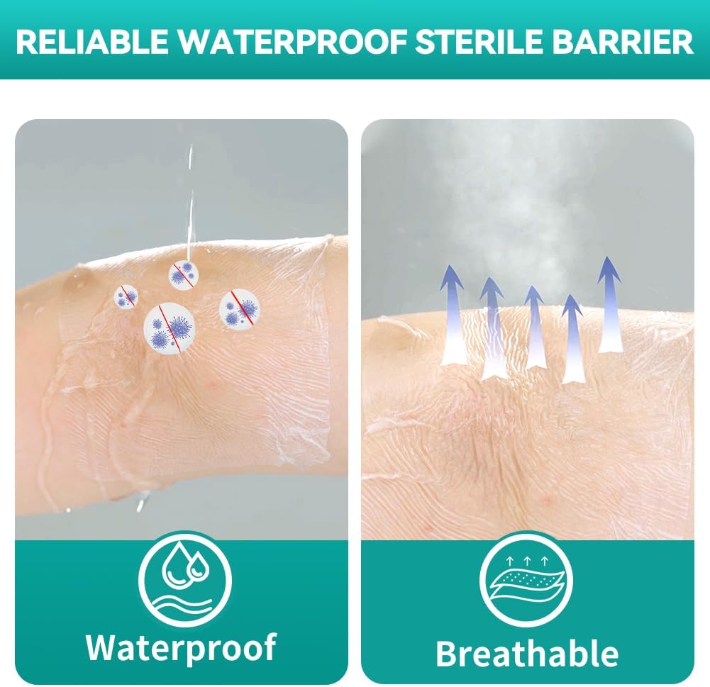 Dimora Waterproof Transparent Film Dressing, Clear Bandage Tape for Wound Care, Adhesive Post Surgical Cover Pad，for IV Shield, Tattoo Aftercare, Shower Protector 4x4 3/4 inch 100 Packs