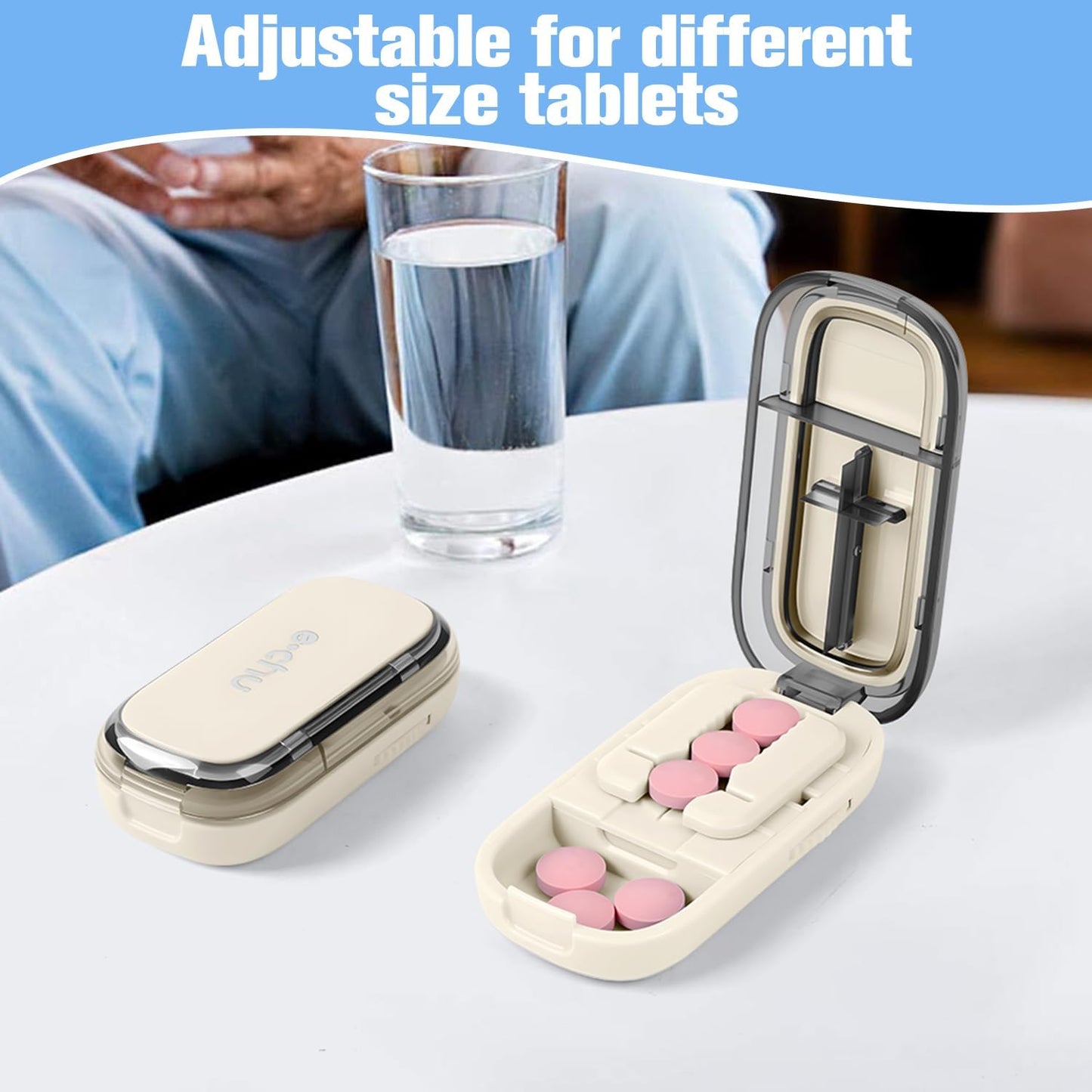 Pill Cutter Splitter for Small and Tiny Pills, Larger Pills, Echu Pill Cutter, Adjustable 1/2 1/4 Splitter with Improved Sharp Blade, Accurate Centering Alignment Device (White)