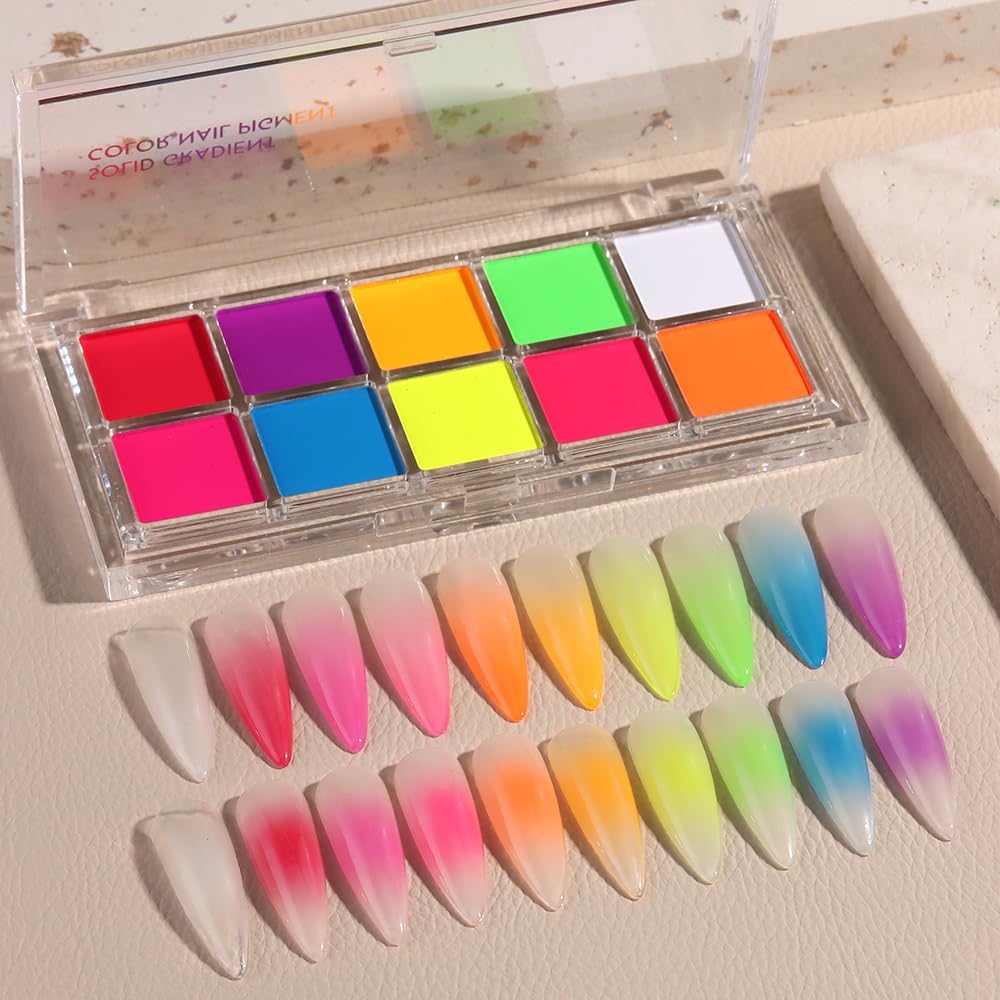 Neon Phosphor Nail Powder Set - 10 Colors, Fluorescent Glitter Gradient, Iridescent Rubbing Dust, Ombre Brush for DIY Nail Art