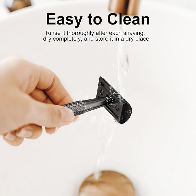 Black Safety Razor, Single Blade Razors for Men, with 10 Double Edge Blades, Long and Heavy Duty Stainless Steel Handle, Reusable Metal Eco-Friendly Razor, Plastic Free, Smooth Shave
