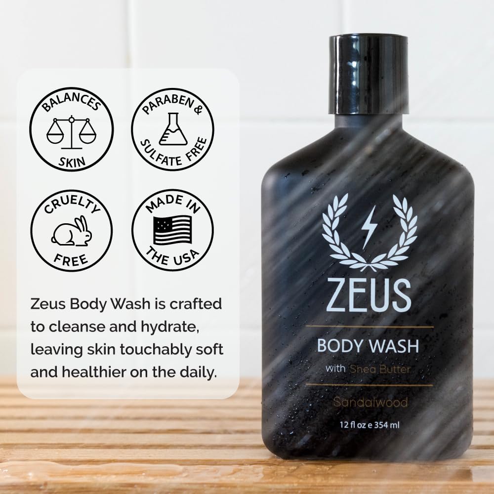 ZEUS Men's Natural Body Wash, Hydrating Shower Gel with Sandalwood Oil, Aloe Vera, Shea Butter & Invigorating Essential Oils for Skin Revitalization (Made in USA) 12 oz.