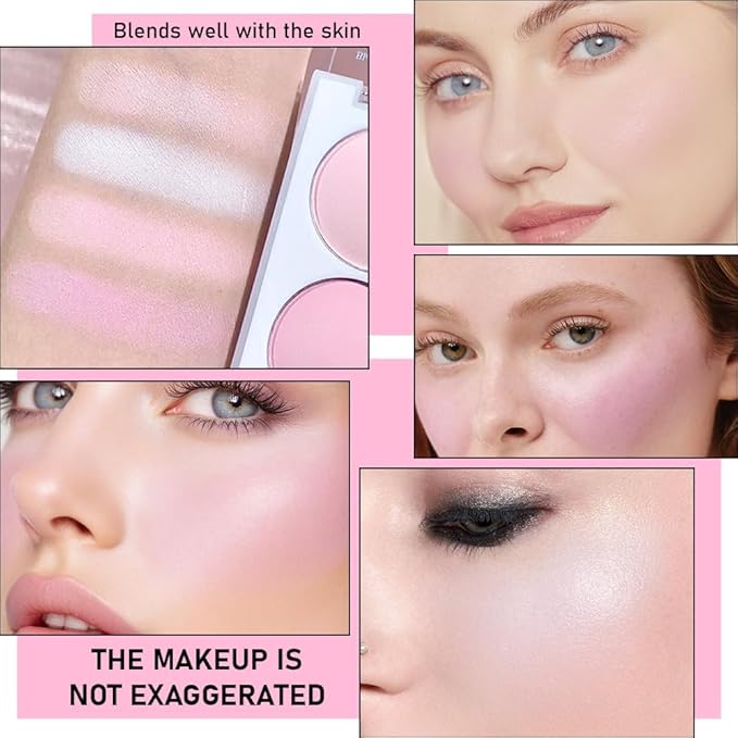 Face Blushes Quads, Matte Blush Makeup Palette, Light Pink Lavender Dark Pink and Mauve Cream Blushes Palette, Makeup for Older Women, Natural Pigmented Paleta de rubor 4 colores