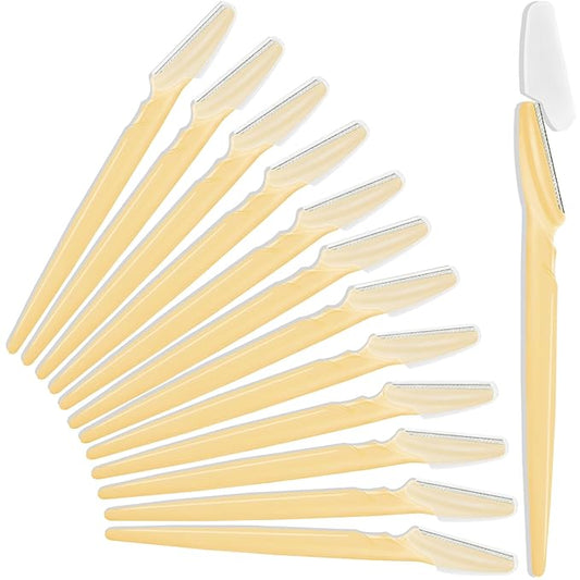 12 Pcs Eyebrow Razors, Face Razors Multipurpose, Exfoliating Dermaplaning Tools, Eyebrow Trimmers Shaver with Safety Cover, Facial Hair Removal for Women Men Body Use (Yellow)