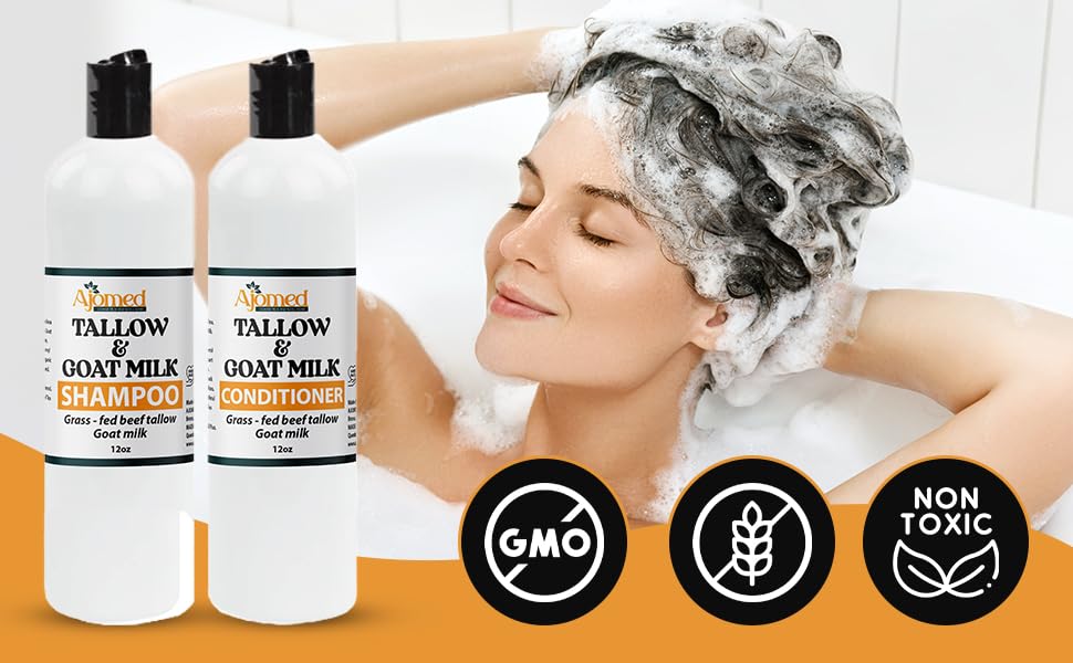 Beef Tallow Shampoo & Conditioner Set -Unscented Handmade tallow & goat milk shampoo for Damaged hair, all hair types- Moisturizing Shampoo- Sulfate, fragrance (SHAMPOO & CONDITIONER 12OZ)