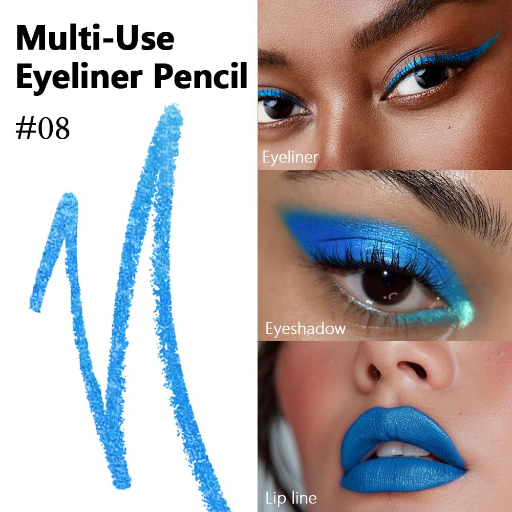 evpct Blue Glitter Eyeliner Pencil for Eyes, Dark Sea Blue Metallic Shimmer Eye Liner Pencil Makeup Waterproof Smudge Proof, Colored Gel Waterline Eyeliner, Face Eye Paint Stick Halloween Makeup 08