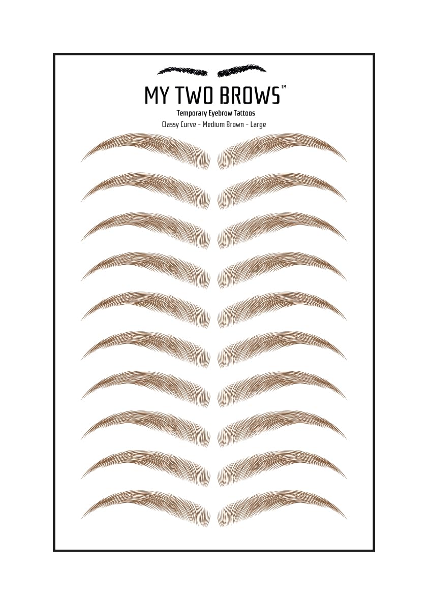 (10 pairs) Medium Brown Temporary Eyebrow Tattoo - Large Size - Waterproof & Smudgeproof - Classy Curve Style Eyebrow Stickers - Sheet Lasts up to 30 Days - Won't Work on Existing Brows