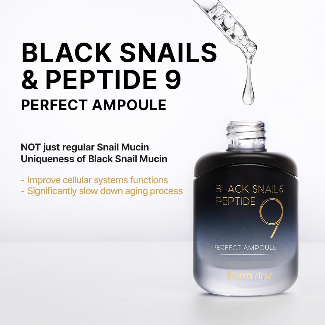 Farmstay Black Snail & Peptide9 Perfect Ampoule, Korean Snail Mucin Serum for Elastic & Glow Skin, Boosting Radiance & Repairing Skin Barrier Serum, for Women & Men, Korean Skin Care, 1.18 Fl. Oz.