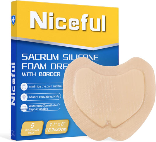 Sacral Foam Dressing 7.1" x 8", Sacrum Silicone Foam Dressing with Border, Bed Sore Bandages Large Wound Care Pads (5 Count)