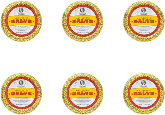 Rawleigh Antiseptic Salve Iconic Yellow Big Tin: 4.5 oz, Multi-Purpose Ointment Soothes Cuts, Bruises, Irritations, with Turpentine, Phenol, Cottonseed Oil & Paraffin, Original Formula - Pack of 6